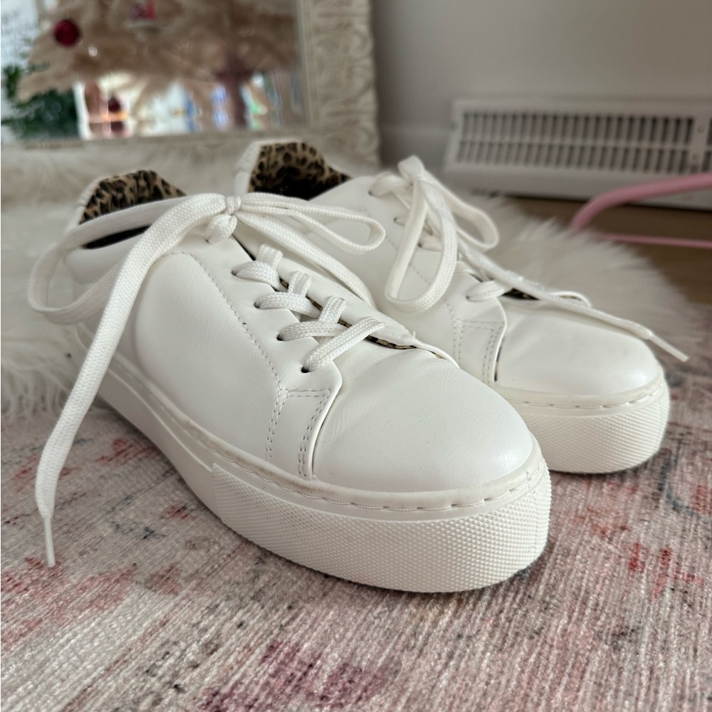 Women's White Sneakers with Leopard Accent